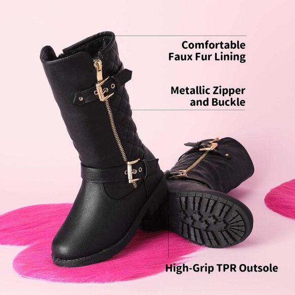 🆕Dream Pair Girl Black Polyurethane Faux Fur Lining Knee High Riding Boot - Picture 6 of 8